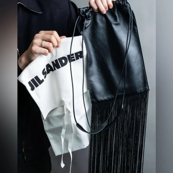 Jil Sander Designer Black Leather Tassle Fringe Unique Smooth Bag Handbag Should - Picture 2 of 16